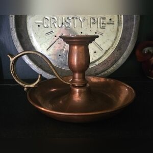 Vintage Copper & Brass Candlestick Holder w/ Finger Loop 4" tall